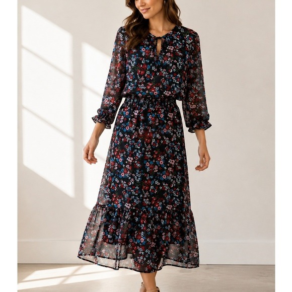 Olivia James The Label Dresses & Skirts - Olivia James The Label Floral Midi Dress XS Black Ruffle Hem Smocked Waist Boho